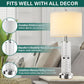 Table lamp with crystal base and fabric shade in a living room setting, featuring text about its features.