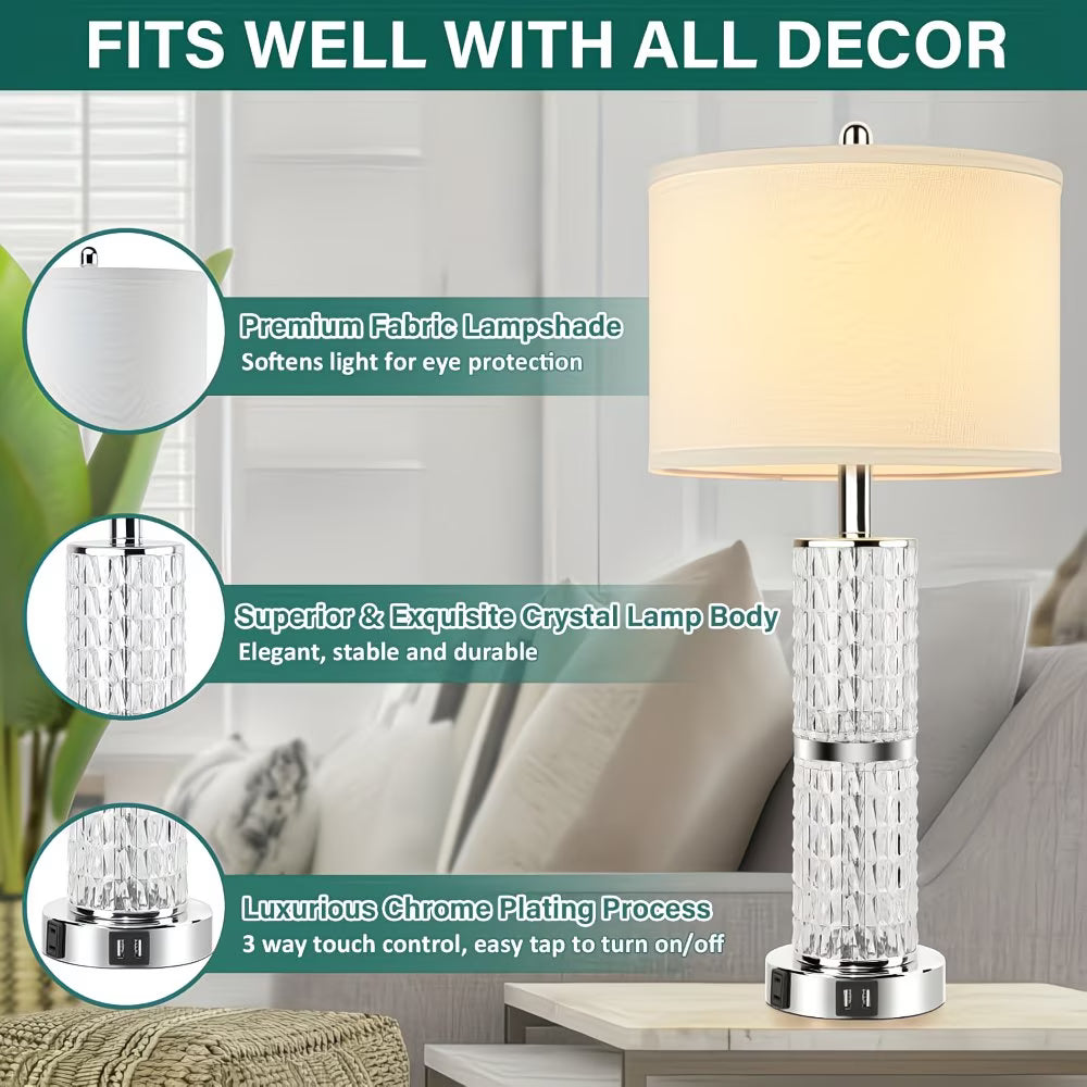Table lamp with crystal base and fabric shade in a living room setting, featuring text about its features.