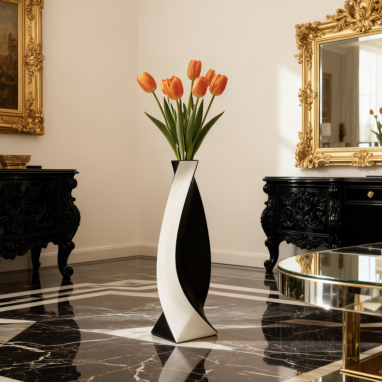 Decorative vase with orange tulips in a stylish room with black marble floor and gold-framed mirror.