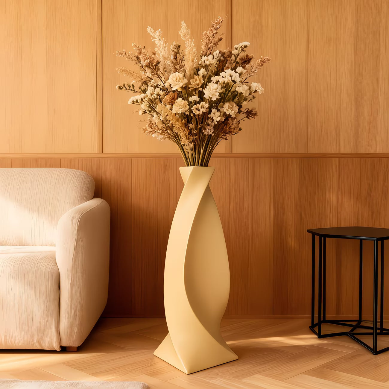 Decorative vase with flowers in a living room setting