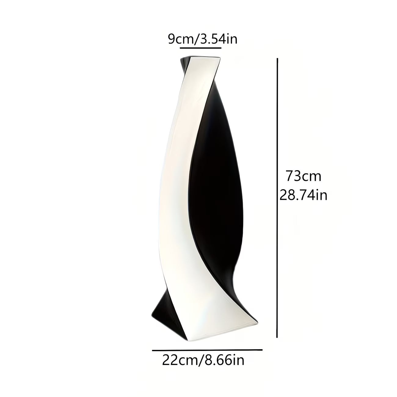 Black and white decorative object with dimensions labeled on a white background