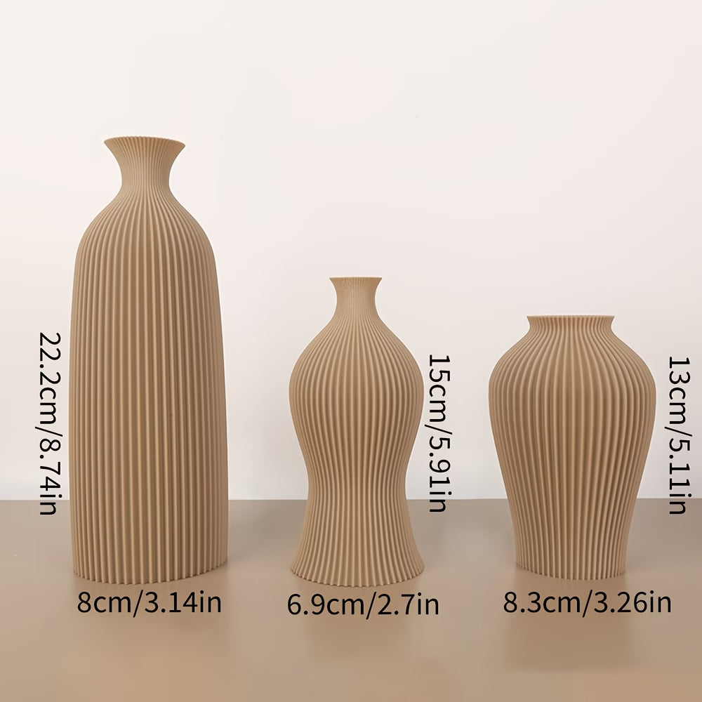 Three brown vases of different sizes with measurements on a white background
