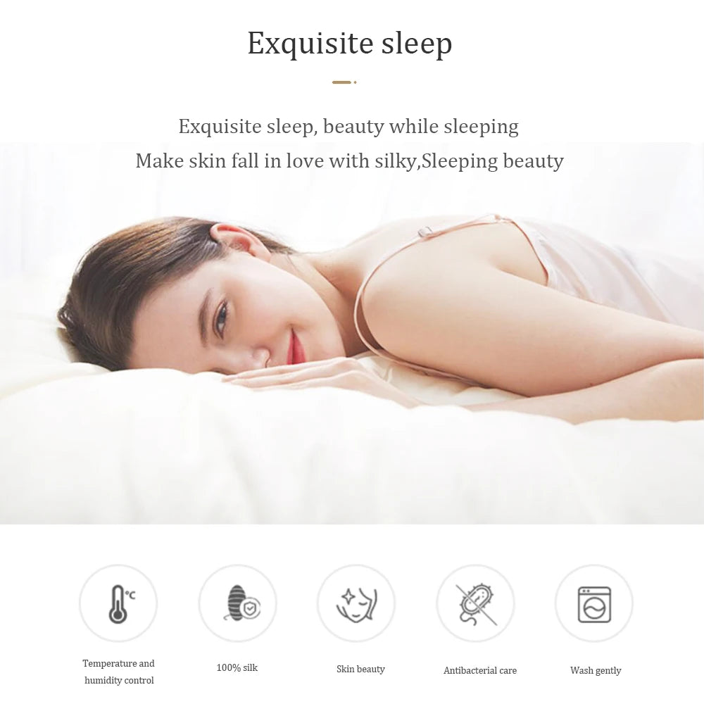 Woman lying on a pillow with text about 'Exquisite sleep' and product features.
