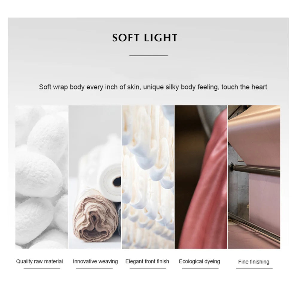 Text and images showcasing soft light fabric with various textures and finishes.