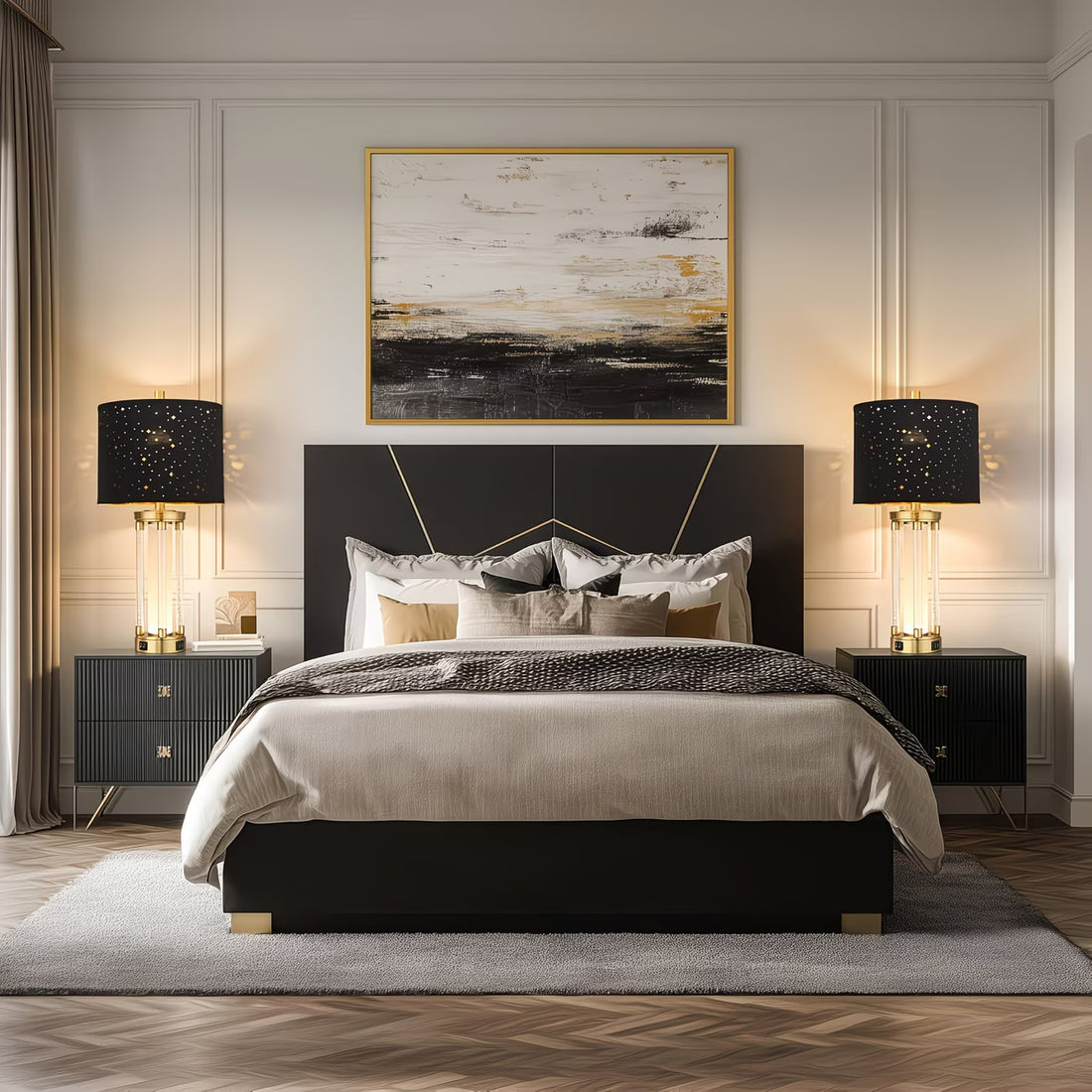 Modern bedroom with a black and gold headboard, matching nightstands, and abstract art on the wall.