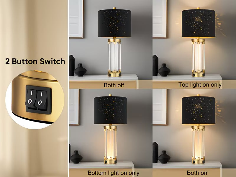 Table lamp with gold base and black shade, featuring a 2-button switch on a decorative shelf.