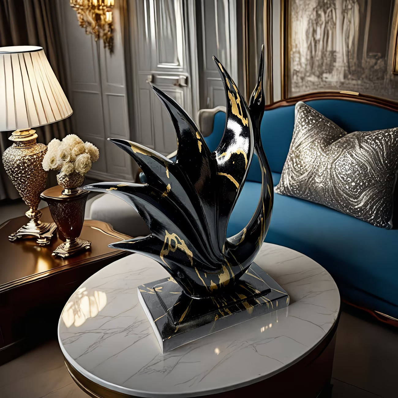 Decorative black and gold sculpture on a marble table in an elegant room.