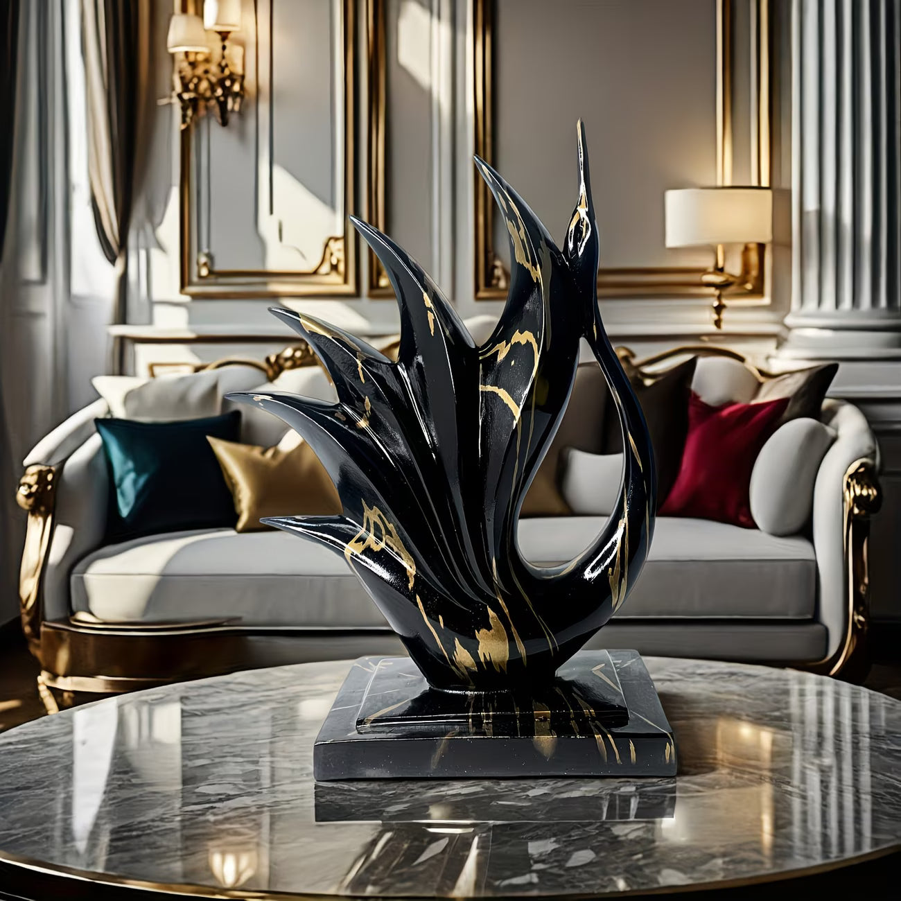 Decorative black and gold sculpture on a marble table in an elegant living room.