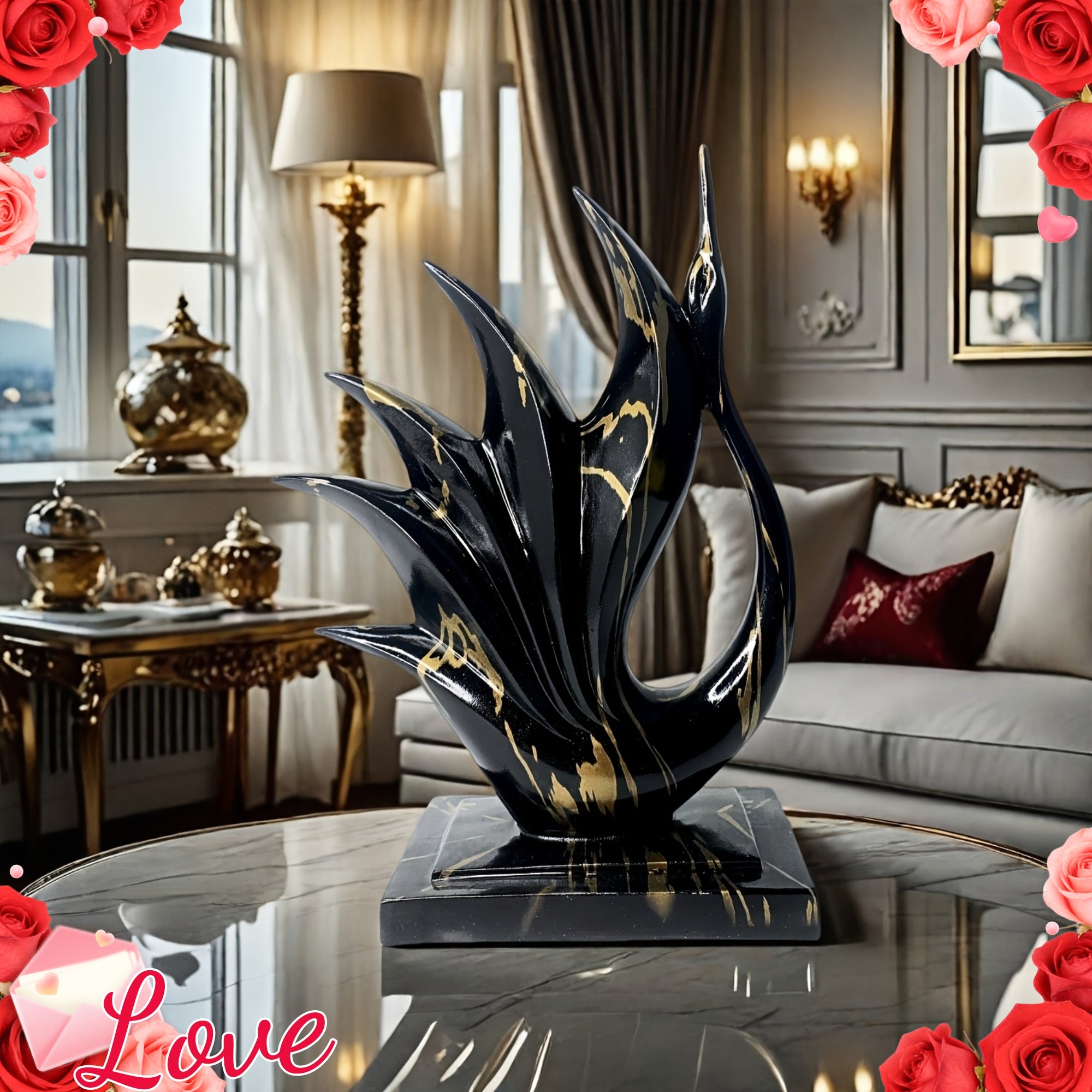 Decorative black and gold sculpture on a table with roses and 'Love' text in a stylish room.