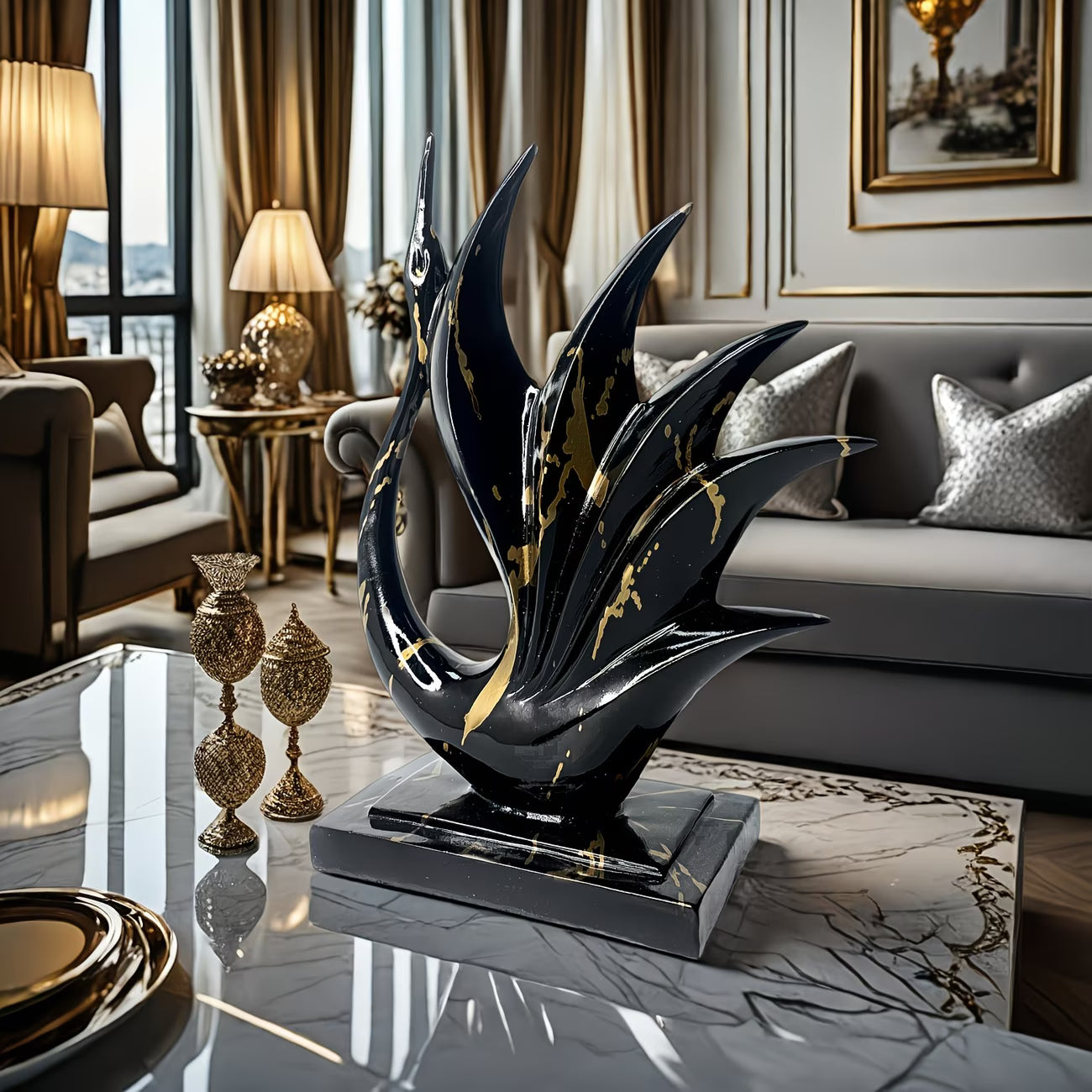 Decorative sculpture on a coffee table in a luxurious living room