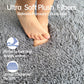 Gray carpet with a foot on it, featuring text about ultra soft plush fibers.