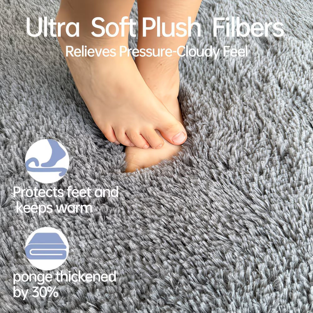 Gray carpet with a foot on it, featuring text about ultra soft plush fibers.