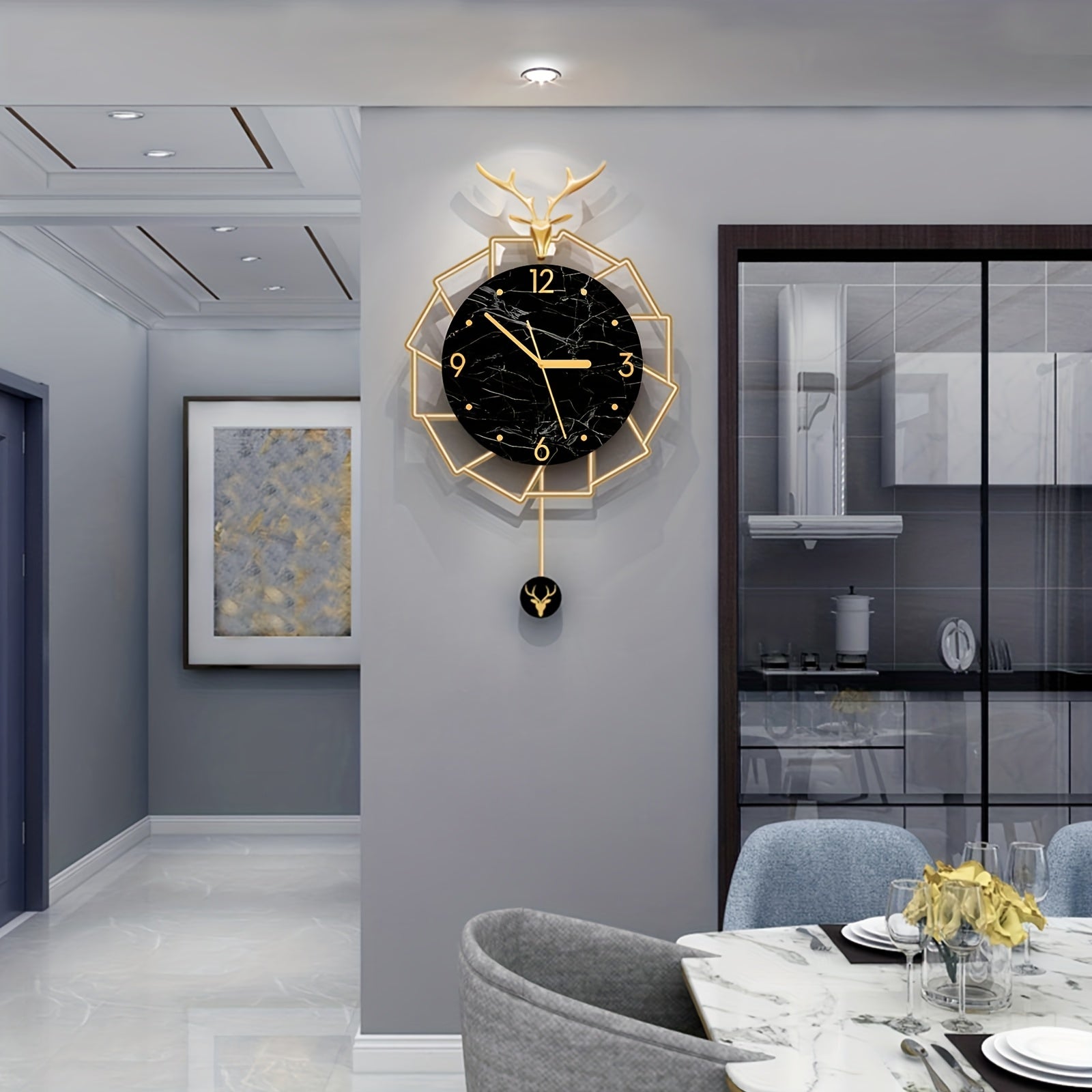 Modern wall clock with gold frame and black face in a stylish interior setting.