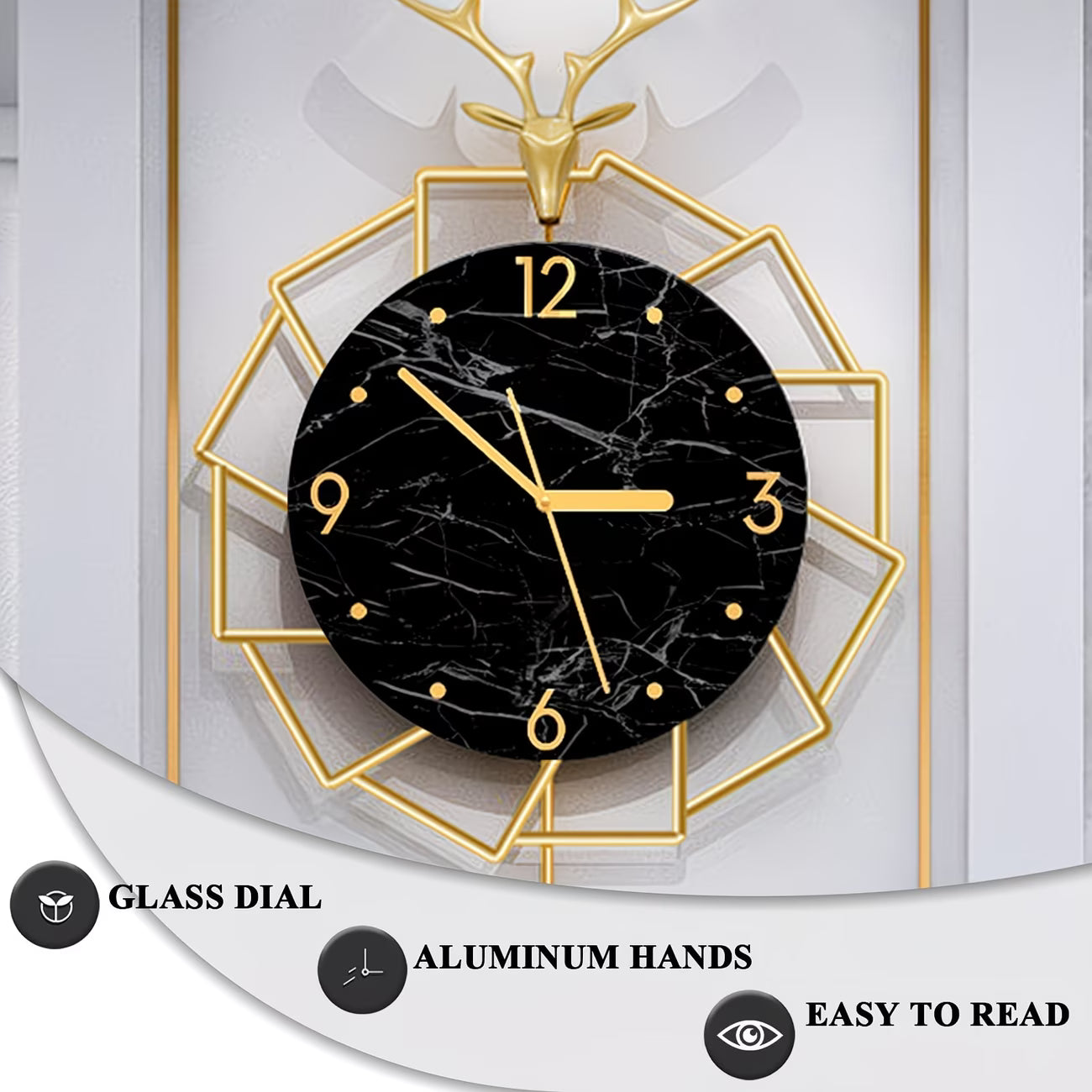 Decorative wall clock with black marble dial and gold accents on a white background