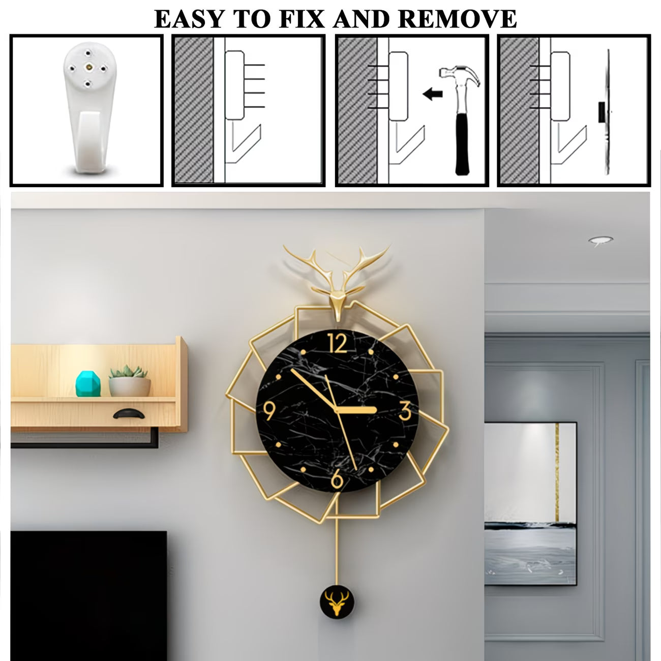 Decorative wall clock with gold frame and black marble face on a wall, with installation instructions above.