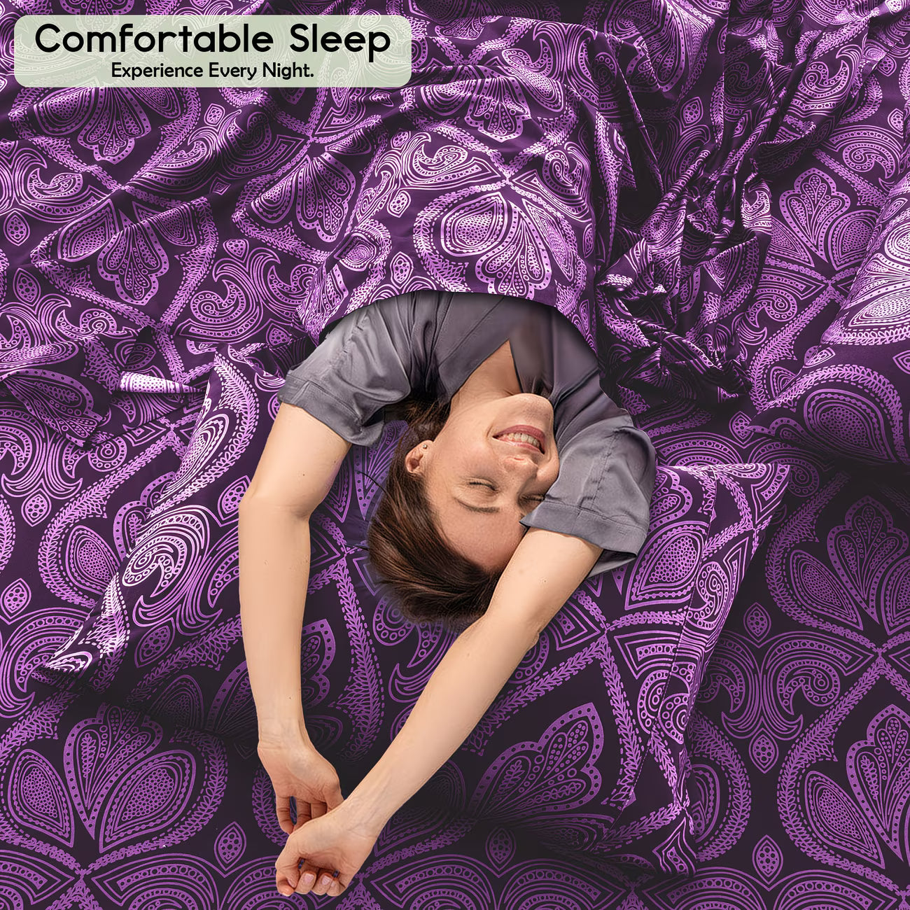 Person lying on a purple patterned bedspread with 'Comfortable Sleep' text at the top.