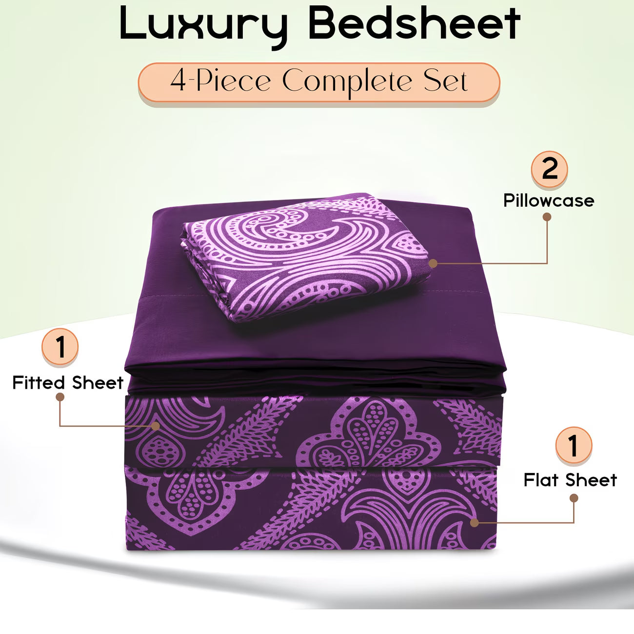 Purple paisley patterned bedsheet set with fitted sheet, flat sheet, and two pillowcases on a white background.