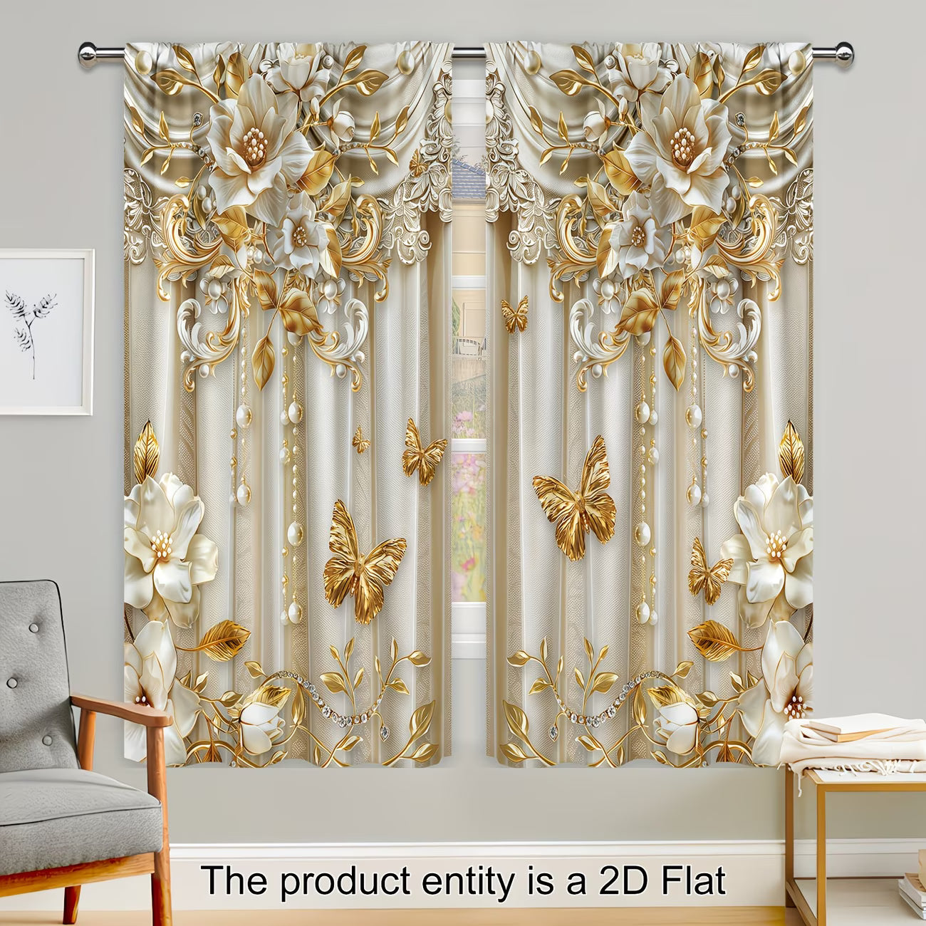 Decorative floral and butterfly patterned curtains in a room setting.
