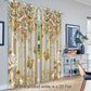 Decorative floral and butterfly patterned curtains in a room with a table and decor items.