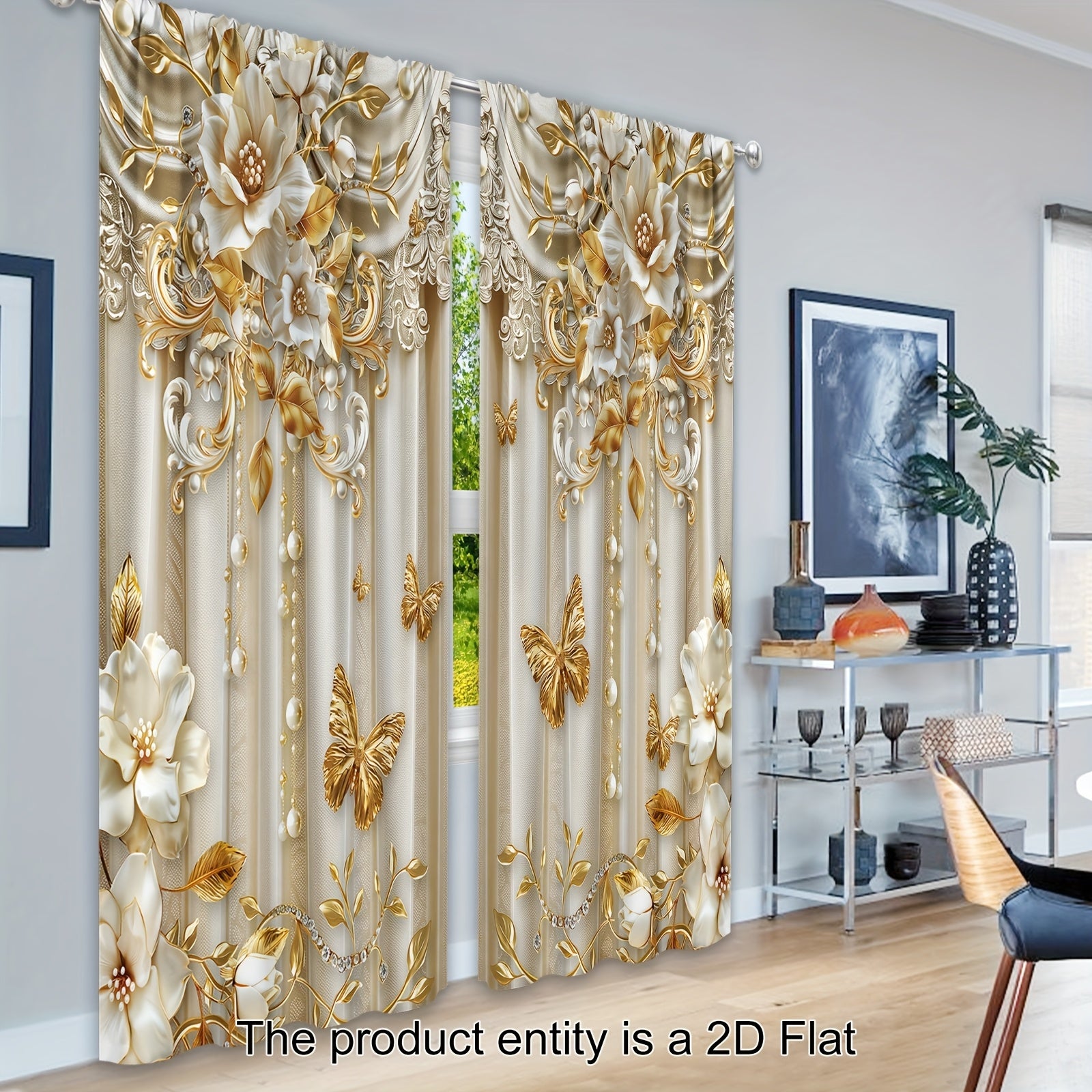 Decorative floral and butterfly patterned curtains in a room with a table and decor items.