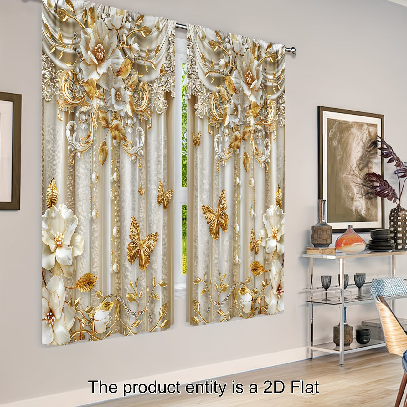Decorative floral and butterfly patterned curtains in a room setting.