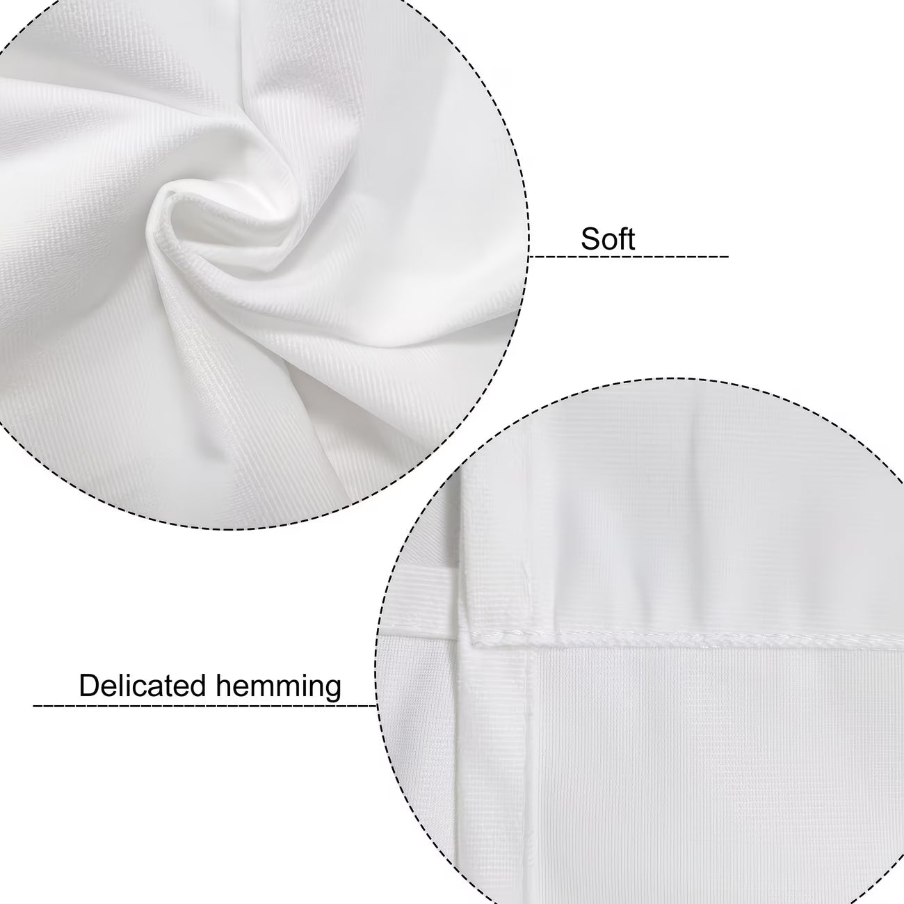 Close-up of white fabric with 'Soft' and 'Delicated hemming' text labels.
