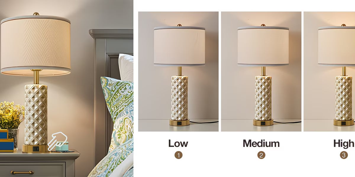 Lamp with decorative base shown at different brightness levels against a neutral background.