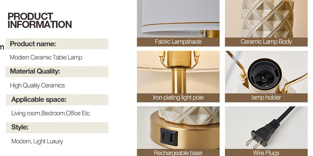 Product information for a modern ceramic table lamp with detailed features.