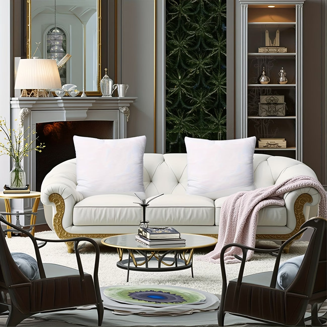 Luxurious living room with white sofa, decorative pillows, and a fireplace.