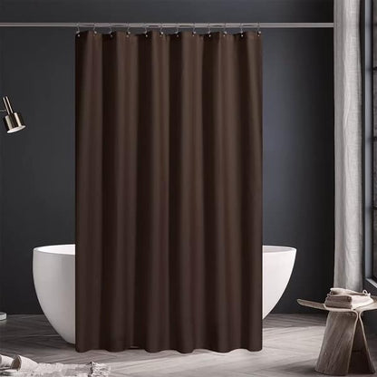 Brown shower curtain in a bathroom setting with a bathtub and stool.