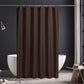 Brown shower curtain in a bathroom setting with a bathtub and stool.