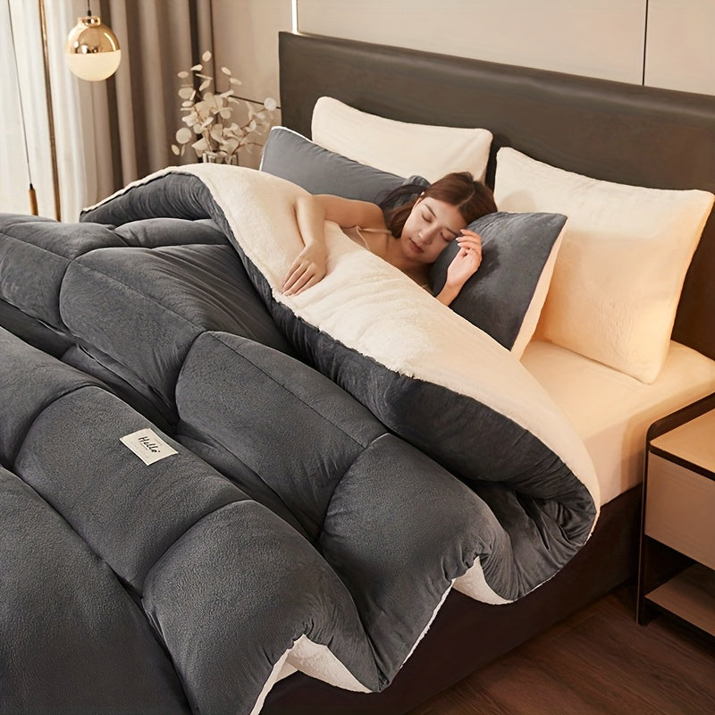 Woman lying in bed under a large gray comforter with a neutral color scheme.