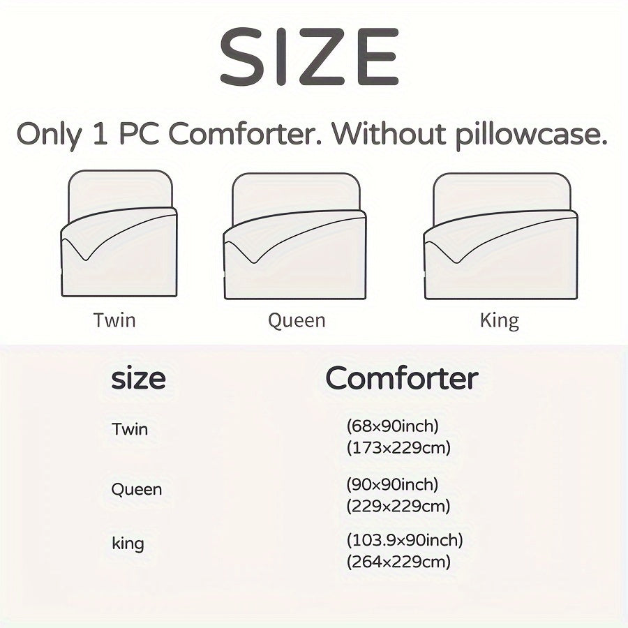 Size chart for comforter dimensions with twin, queen, and king sizes.