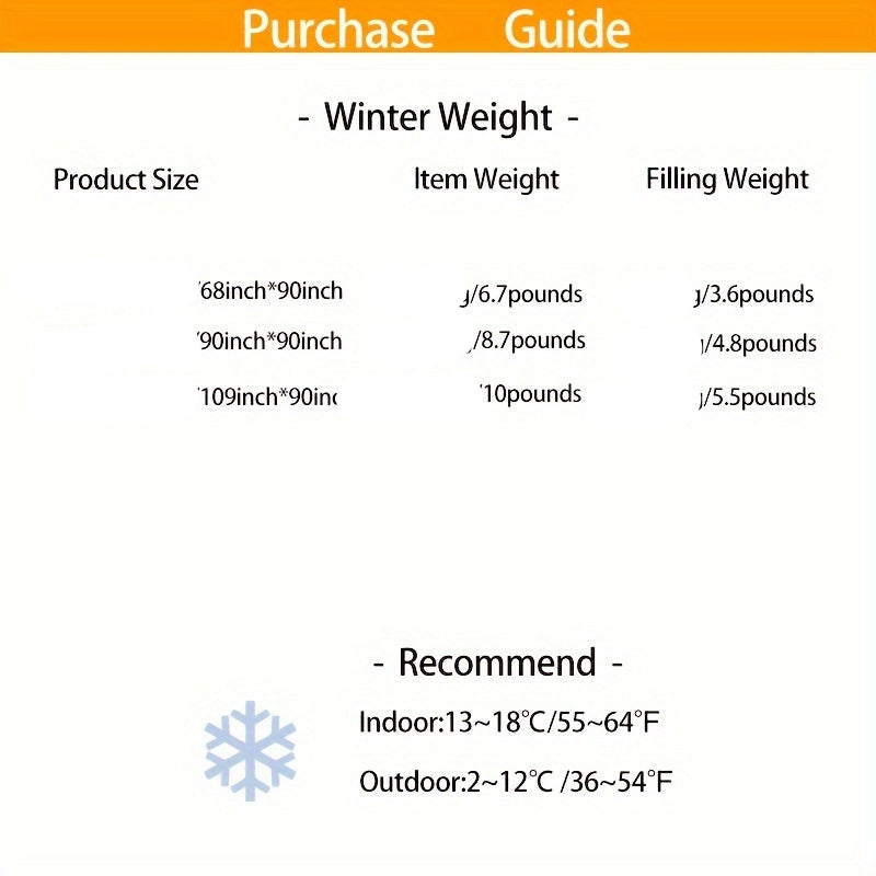 Product weight and size guide with winter temperature recommendations on a white background.