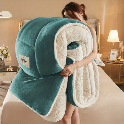 Person holding a teal and white blanket in a bedroom setting