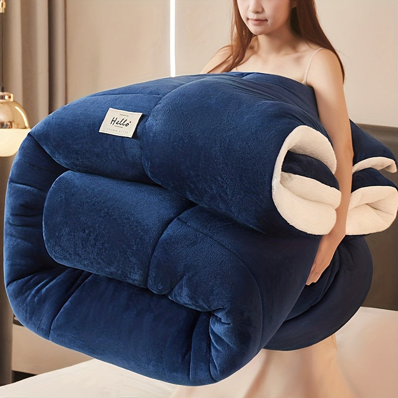 Person holding a large blue and white plush toy with a 'Hello' tag.