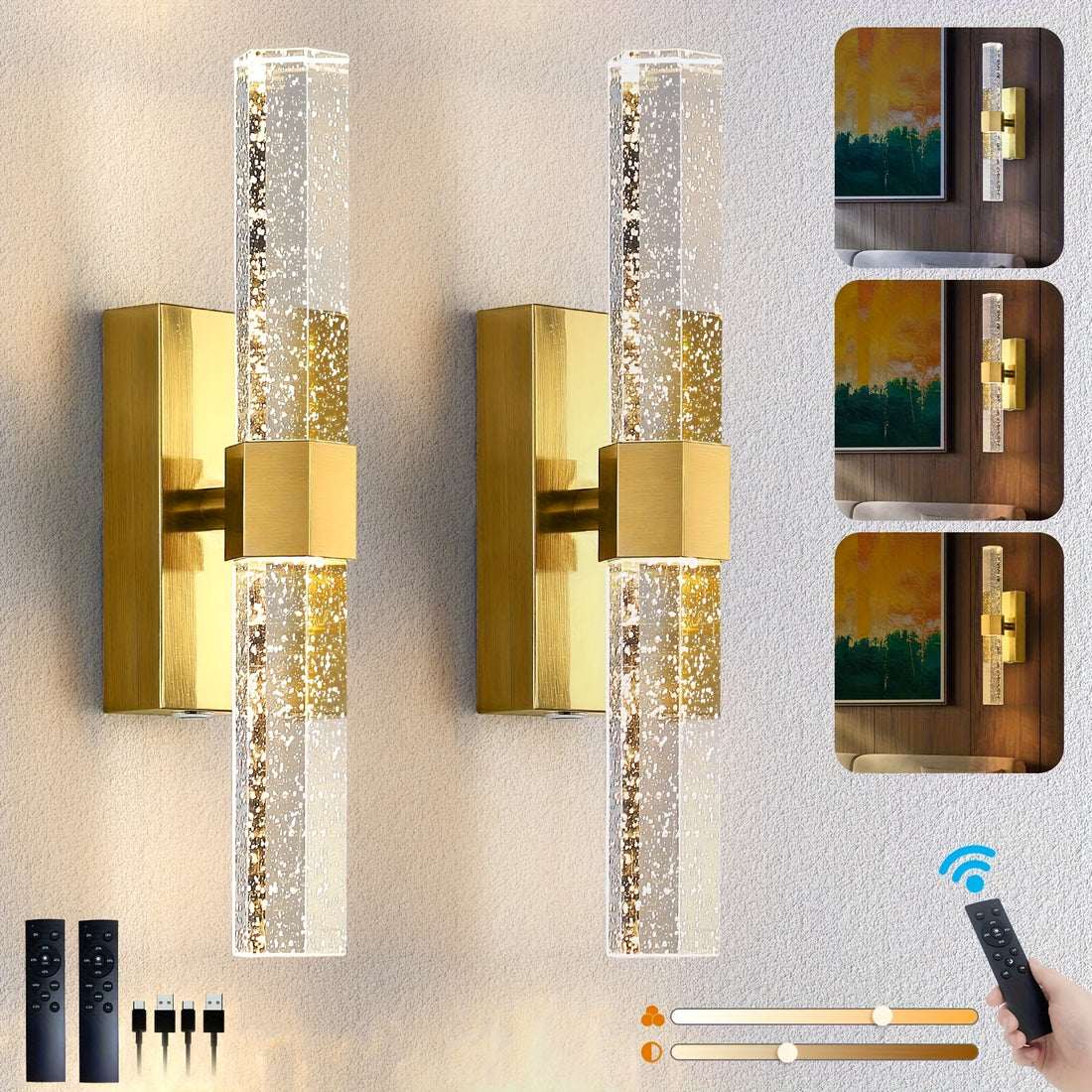 Gold wall sconces with clear glass panels on a light gray wall, accompanied by remote controls.