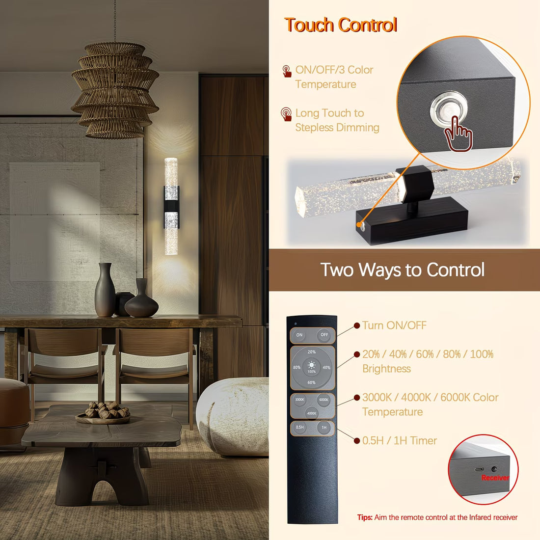 Modern interior design with a focus on touch control lighting system.