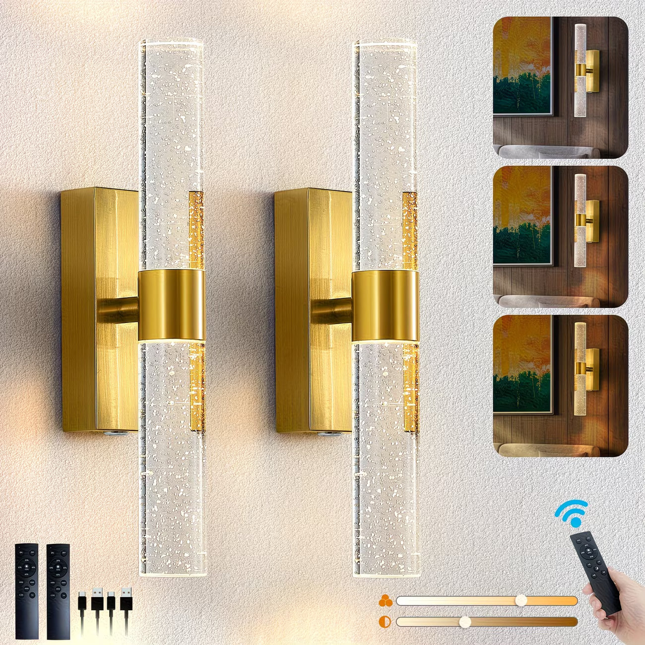 Gold wall sconces with clear glass on a light gray wall, remote control included.