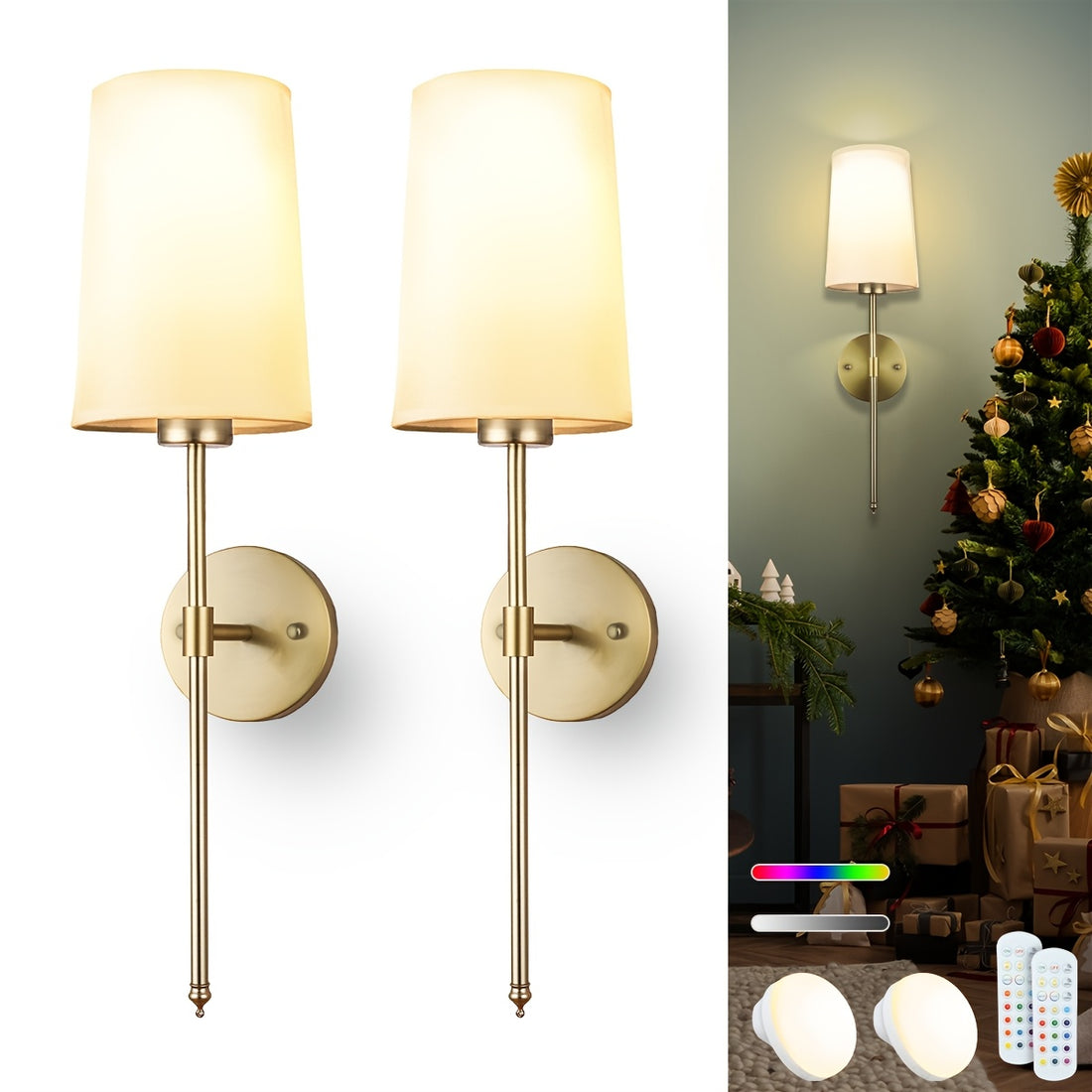 Pair of gold wall sconces with white lampshades on a white background, with a Christmas tree and presents in the background.