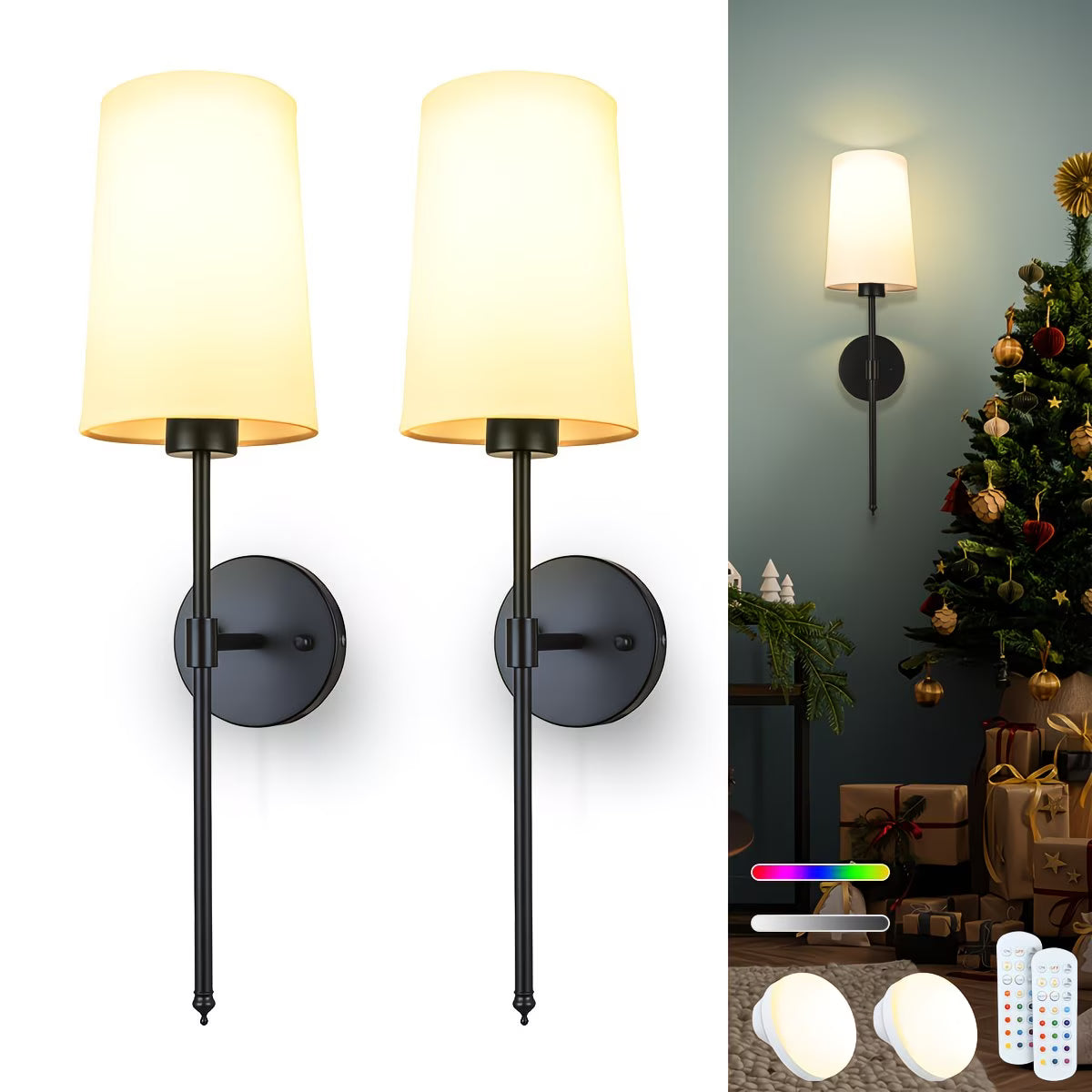 Two wall-mounted lamps with a Christmas tree and presents in the background.