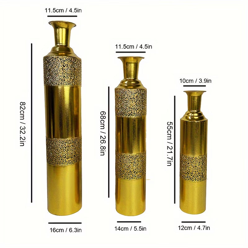 Three gold vases with decorative patterns and measurements on a white background