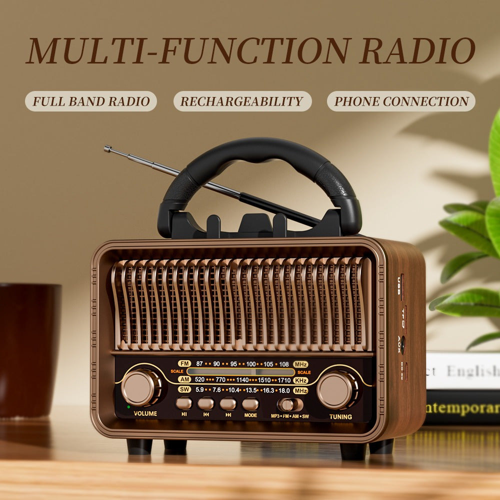 Vintage-style multi-function radio on a wooden surface with a blurred background