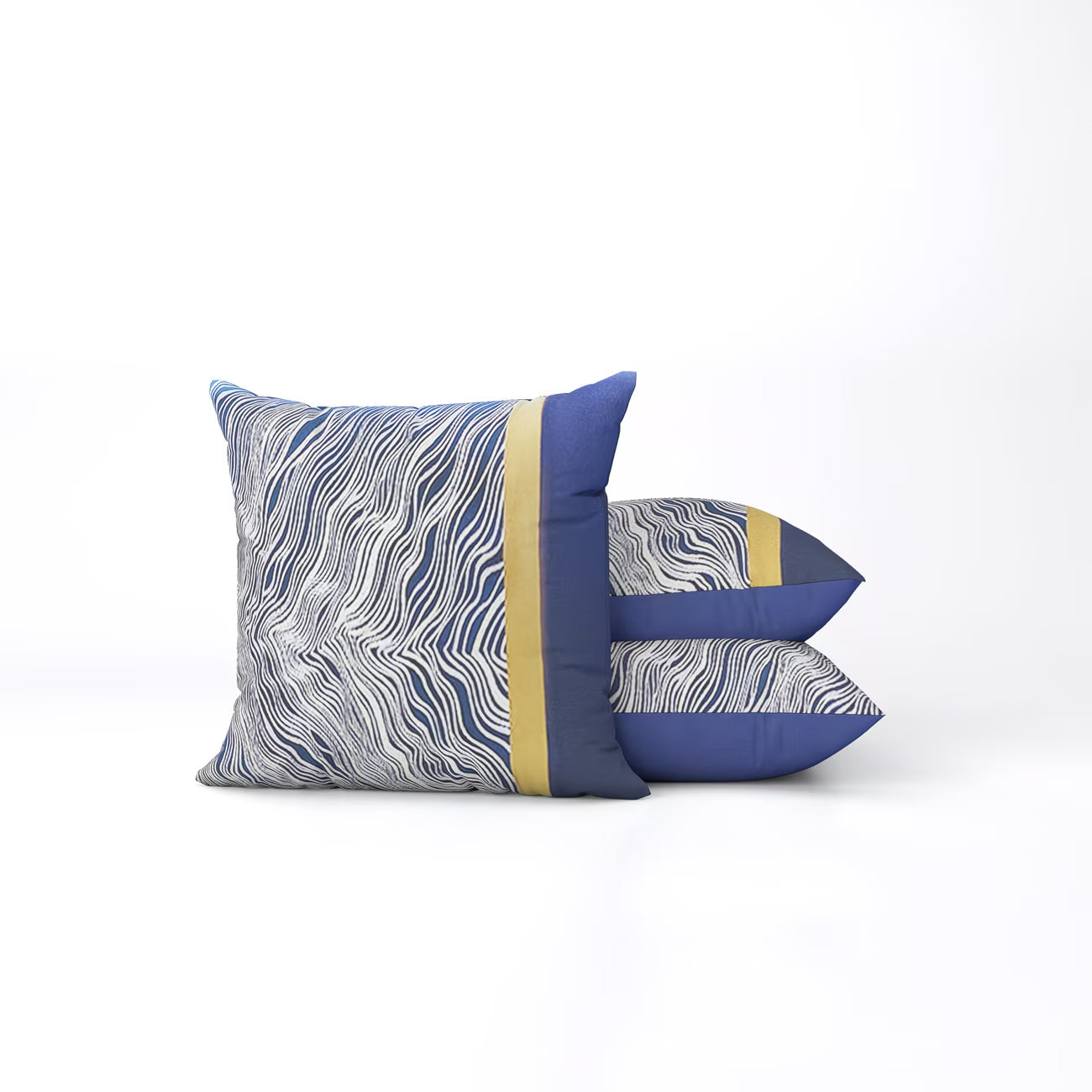 Two decorative pillows with blue and gray pattern on a white background