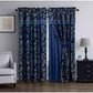 Navy blue patterned curtains in a room with a sofa and lamp.