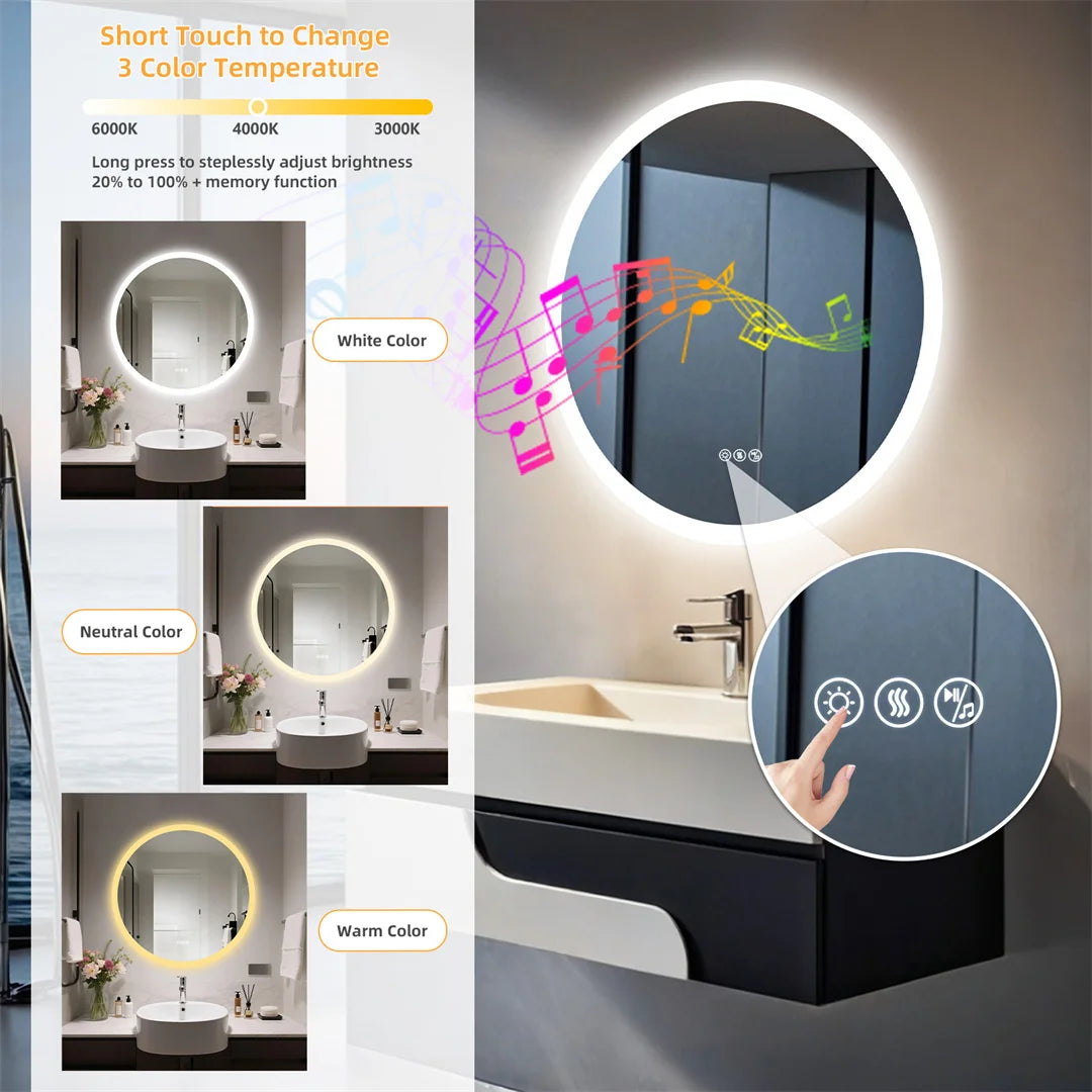 Bathroom mirror with LED lighting and color temperature control features.