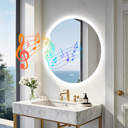 Bathroom with round illuminated mirror, sink, and decorative elements.