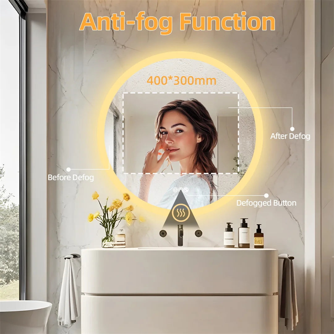 Bathroom mirror with anti-fog function display, showing before and after defog effects.