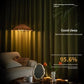 Cozy living room with a lamp and text about light blocking and sleep quality.