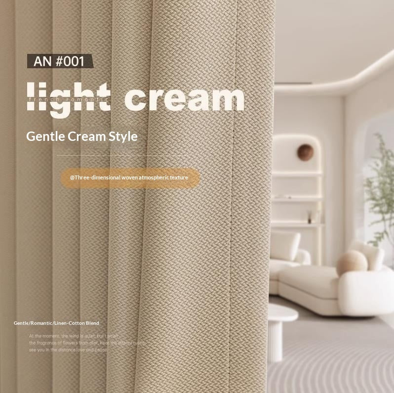 Light cream fabric swatch with a living room background